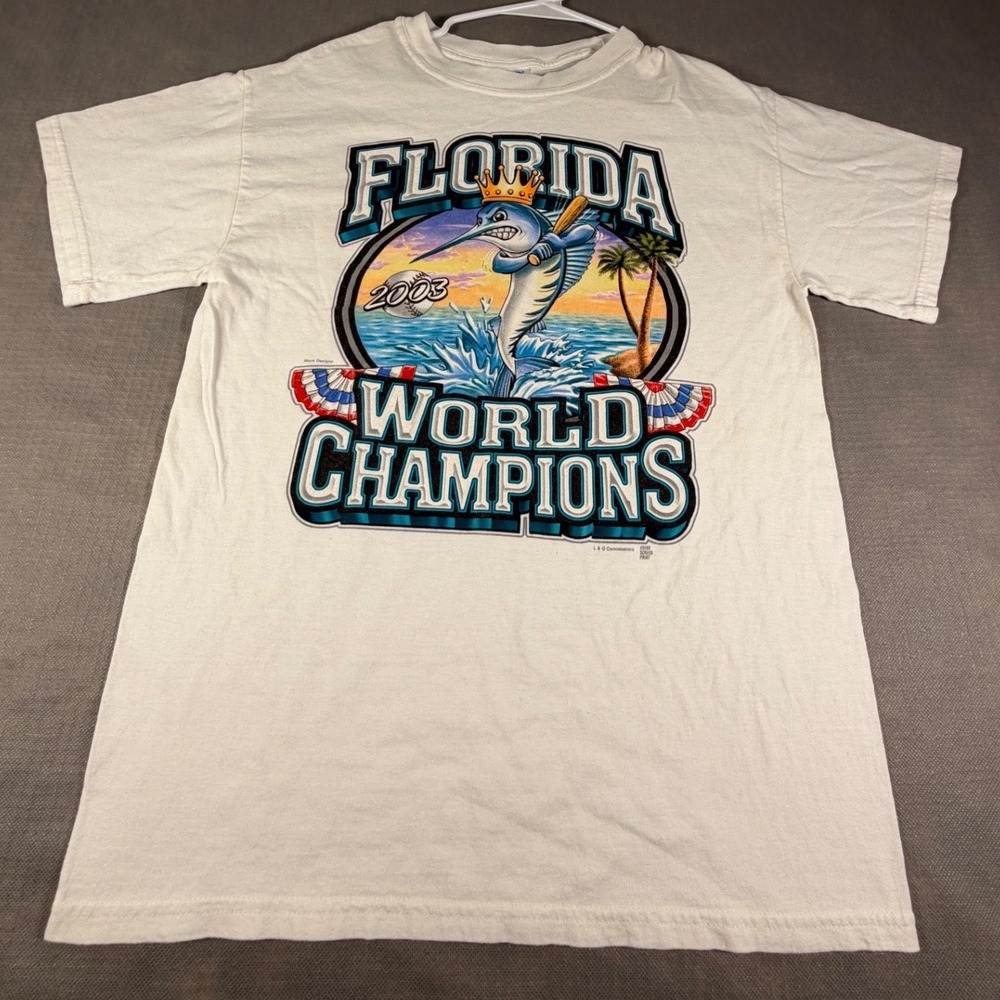 Vintage Florida Marlins 2003 World Champions T-Shirt Mens Medium White Baseball